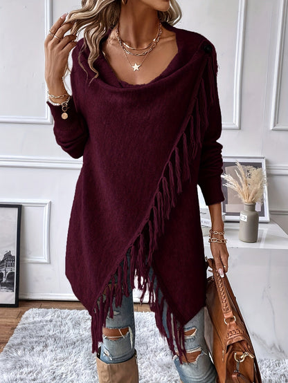 Women's Fringed Shawl Cardigan with Draped Neckline - Fringe Trim Wrap Sweater for Fall Winter, Solid Color Loose Knit Poncho Shawl S M L XL XXL