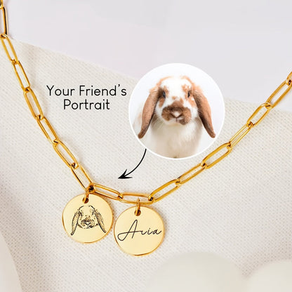 Collier portrait d'animal personnalisé - Pendentif double cercle sur chaîne trombone gravé avec portrait et nom de l'animal, cadeau commémoratif sur mesure pour amoureux des animaux et cadeau pour elle, à porter en toute saison (argent ou or)