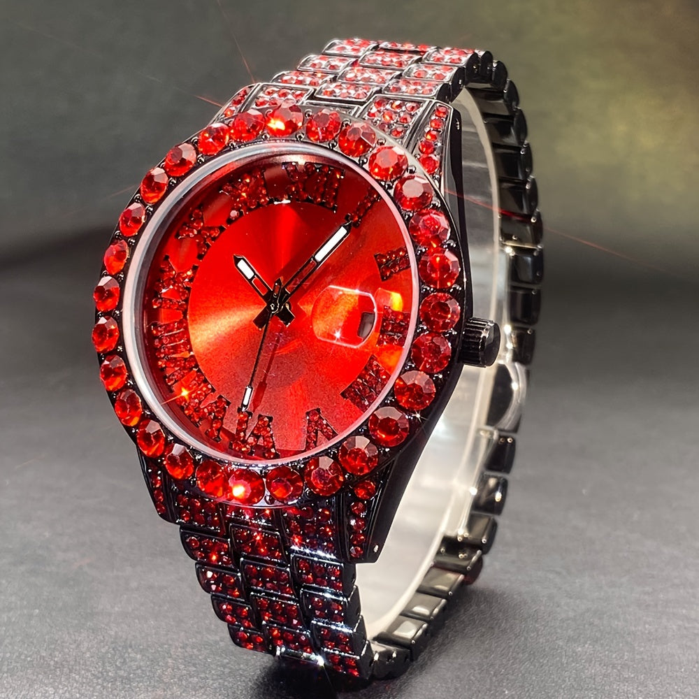 Rhinestone Couples Watch Set Luxury Quartz Movement Calendar Luminous Display for Men Women Red and Ice Blue Rhinestone Party Fashion Gift Watch