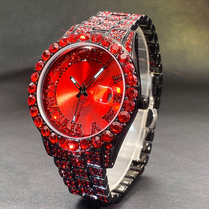Rhinestone Couples Watch Set Luxury Quartz Movement Calendar Luminous Display for Men Women Red and Ice Blue Rhinestone Party Fashion Gift Watch