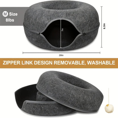 Lit tunnel pour chat en forme de beignet avec jouets à pompons - Cachette nid pour chat d'intérieur, utilisable toute l'année - Lit tunnel douillet pour chats et chatons - Disponible en 50 et 60 cm, gris foncé et gris clair