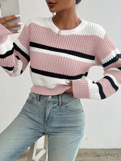 Pull court à rayures color block, épaules tombantes, pour femme, automne-hiver, pull en maille coupe ample, col rond, manches longues, S-XL