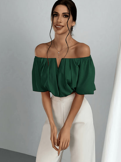 Off Shoulder V-Neck Blouse Women Short Sleeve Solid Color Sexy Summer Top | Vacation Party Casual Wear Multiple Colors XS-L