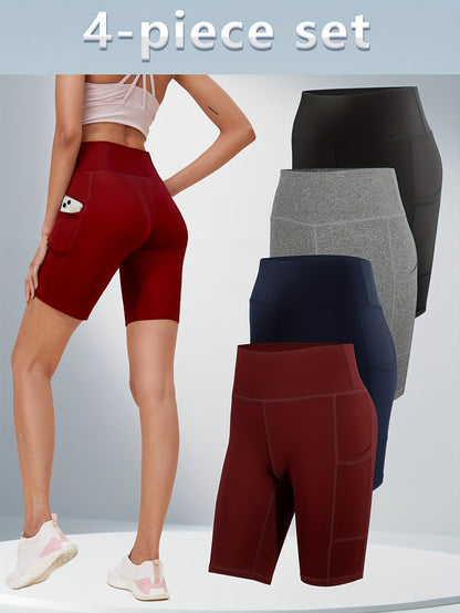 Shorts de yoga taille haute pour femmes, lot de 4, effet push-up, 5 poches – Shorts de sport respirants, extensibles et sans couture pour l'été, le yoga, le Pilates et l'entraînement en salle (Rouge, Noir, Gris, Bleu marine)