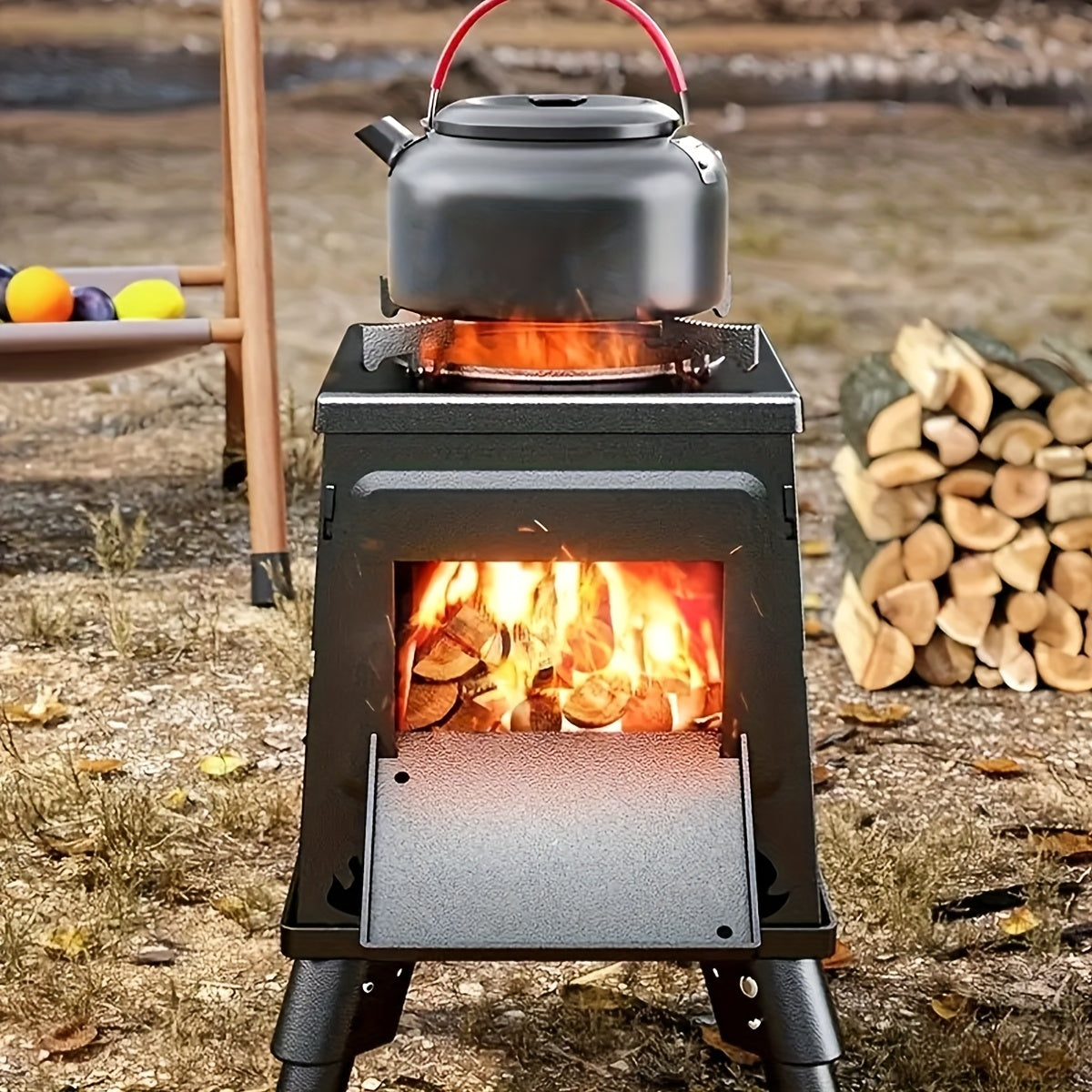 Réchaud de camping à bois portable – Réchaud de randonnée compact et pliable pour la marche, le camping, le pique-nique et le barbecue, aucune cartouche de combustible nécessaire, option cheminée, noir, vert ou acier inoxydable