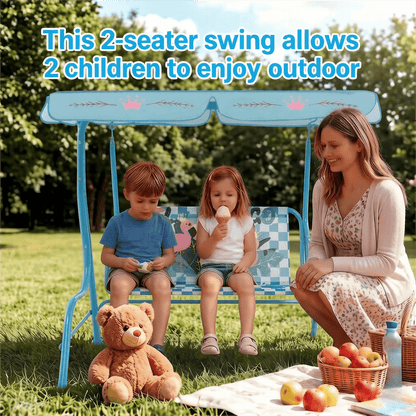 Balançoire de jardin pour enfants, 2 places, avec auvent réglable, ceintures de sécurité et structure en métal pour patio, cour, jardin ou balcon, 3 ans et plus, capacité de 82 kg