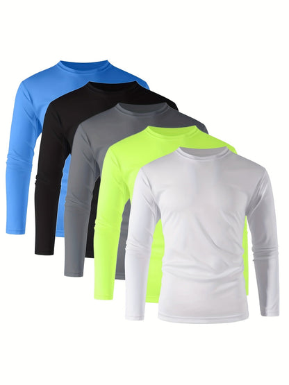 Lot de 5 t-shirts à manches longues pour homme – T-shirt de sport à séchage rapide, 100 % polyester, anti-humidité, S-3XL, idéal pour la course, l'entraînement, la randonnée, le golf et le quotidien