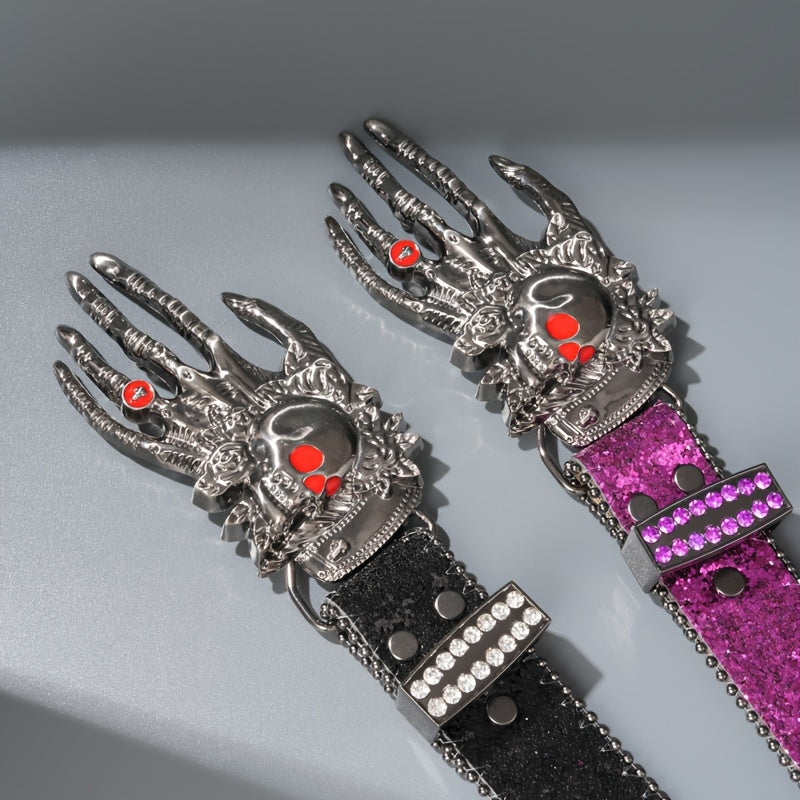 Ceinture punk unisexe à tête de mort – Similicuir orné de strass avec boucle tête de mort en alliage de zinc, accessoire de mode audacieux pour Halloween, les fêtes et le quotidien, 5 couleurs disponibles