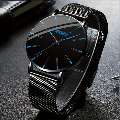 Men's Classic Quartz Watch with Stainless Steel Mesh Band – Black Dial Analog Digital Display, Date Day Stopwatch Chronograph, Scratch-Resistant Glass, Elegant Minimalist Dress Watch for Everyday Formal Wear, 5 Colors