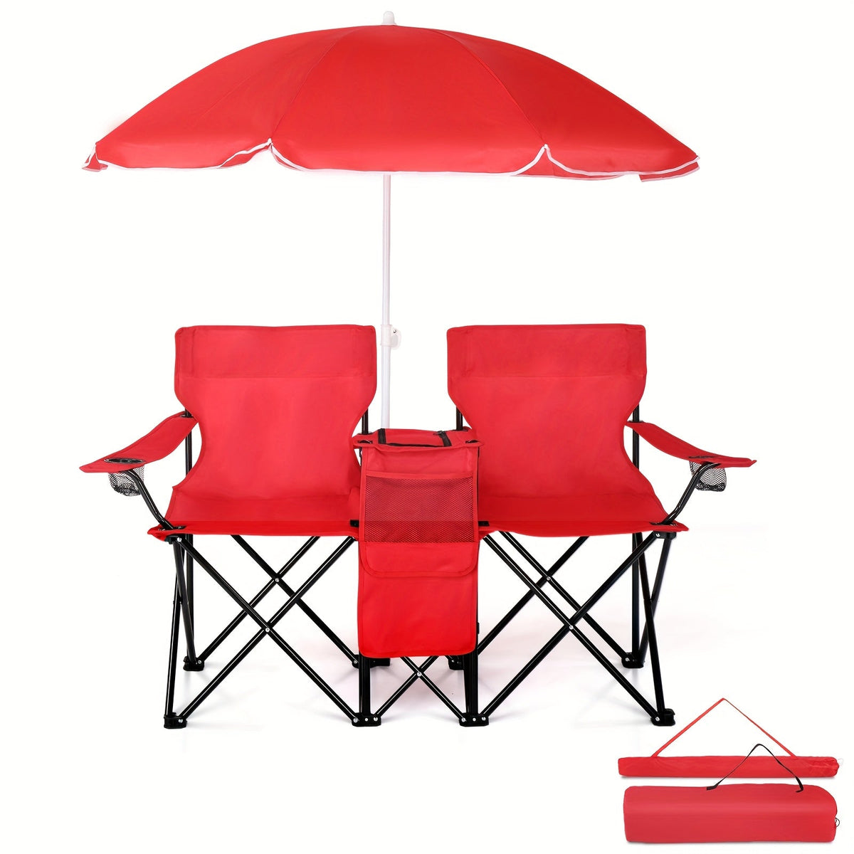Chaise pliante d'extérieur pour 2 personnes avec parasol amovible – Canapé de camping portable avec accoudoirs pour la pêche, la plage, le bronzage et le pique-nique