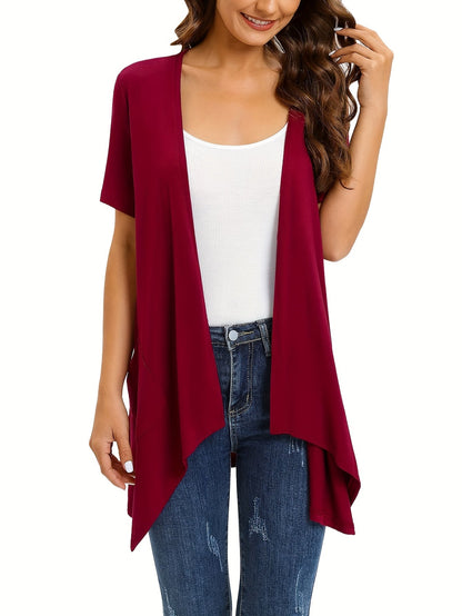 Women's Dual Pockets Open Front Coat Short Sleeve Halter Neck Asymmetrical Hem Knit Cardigan - Casual Lightweight Outerwear for Spring Summer Beach Vacation