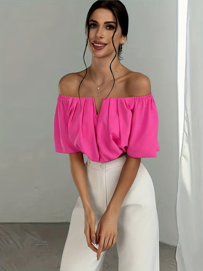 Off Shoulder V-Neck Blouse Women Short Sleeve Solid Color Sexy Summer Top | Vacation Party Casual Wear Multiple Colors XS-L