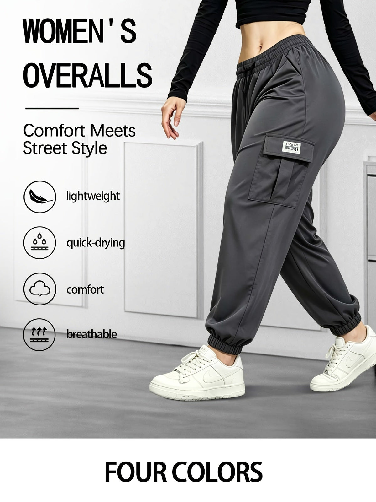 Pantalon cargo pour femme avec poches zippées – Taille élastique à cordon de serrage, grandes poches, pantalon décontracté pour l'extérieur, noir, gris, vert, bleu, XS-XXL