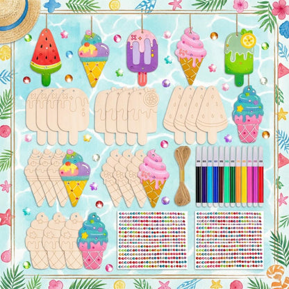Kit de loisirs créatifs en bois « Glaces » pour enfants, 39 pièces : 24 formes en bois brut, 12 feutres, 2 planches de stickers joyaux, ficelle. Kit de peinture DIY pour fêtes d'anniversaire, activités scolaires, soirées pyjama. Dès 3 ans.