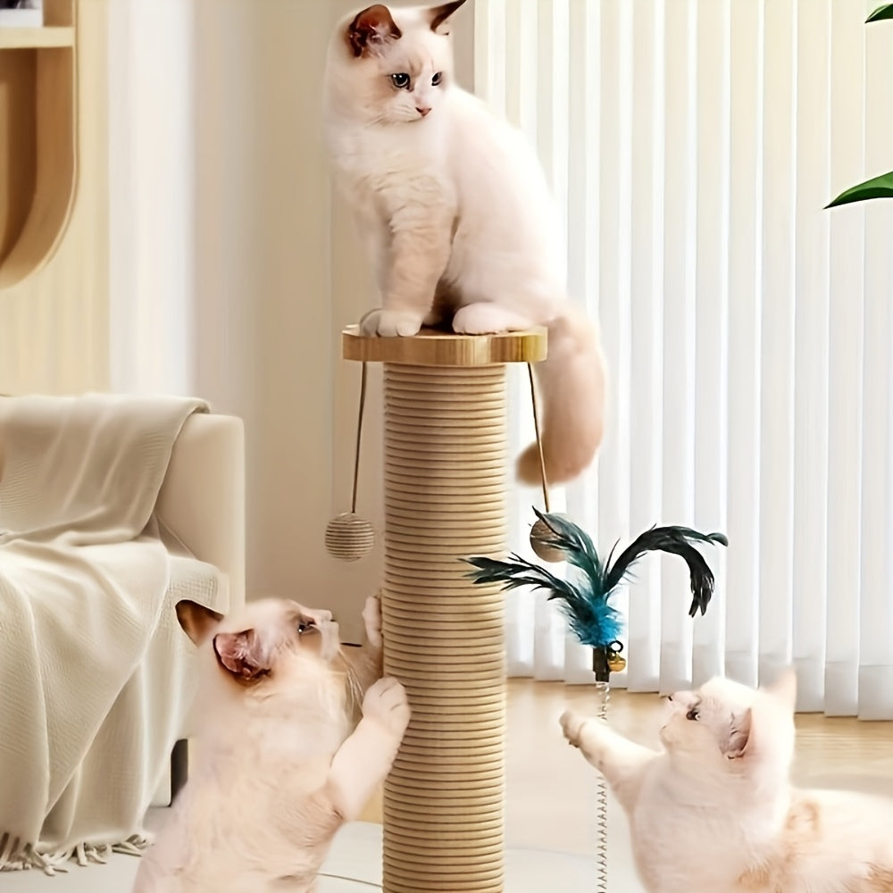 Arbre à chat 4-en-1 avec griffoir en sisal, jouet à plume, circuit à balles à deux niveaux et 6 balles en bois – Centre d'activité en bois massif anti-basculement pour chats d'intérieur, chatons et foyers multi-chats