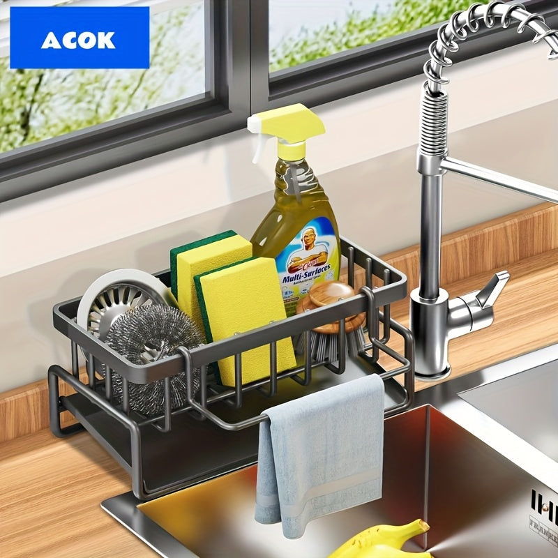 Organisateur d'évier avec drainage et porte-brosse amovible – Rangement de comptoir pour brosse à vaisselle, éponge, savon et tampon à récurer, plastique gris, pour cuisine, salle de bain et buanderie