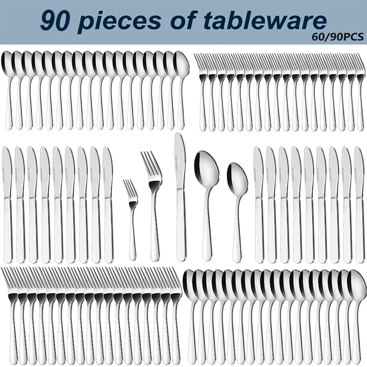 Ensemble de couverts en acier inoxydable 60/90 pièces – Argenterie pour 12 à 18 personnes avec coffret cadeau, couteaux à steak, fourchettes à salade, cuillères à dessert, lavable au lave-vaisselle, pour la maison, mariage, camping, fête, Halloween