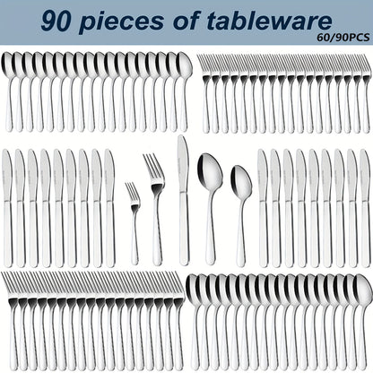 Ensemble de couverts en acier inoxydable 60/90 pièces – Argenterie pour 12 à 18 personnes avec coffret cadeau, couteaux à steak, fourchettes à salade, cuillères à dessert, lavable au lave-vaisselle, pour la maison, mariage, camping, fête, Halloween