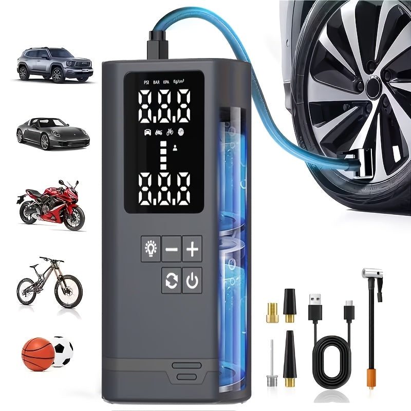 Compresseur d'air portable sans fil – Rechargeable par USB, affichage numérique, éclairage LED, adaptateurs multi-embouts, batterie au lithium, convient aux voitures, motos, vélos et ballons de sport