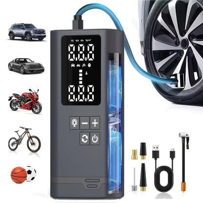 Compresseur d'air portable sans fil – Rechargeable par USB, affichage numérique, éclairage LED, adaptateurs multi-embouts, batterie au lithium, convient aux voitures, motos, vélos et ballons de sport