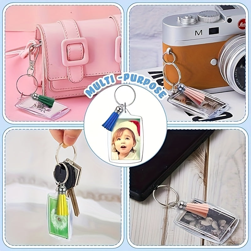 150 porte-clés cadres photo en acrylique avec pompons colorés – Lot de porte-clés photo transparents à clipser pour loisirs créatifs, porte-clés personnalisés en gros, cadeaux d'invités et souvenirs