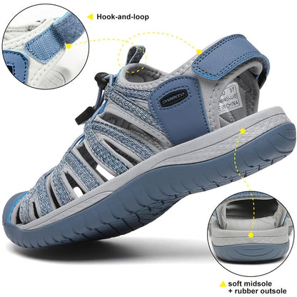 Sandales de randonnée fermées pour femmes, sandales aquatiques légères et antidérapantes avec lacets élastiques réglables et bride auto-agrippante, chaussures de sport respirantes pour la plage, le camping, la pêche, les voyages et la marche