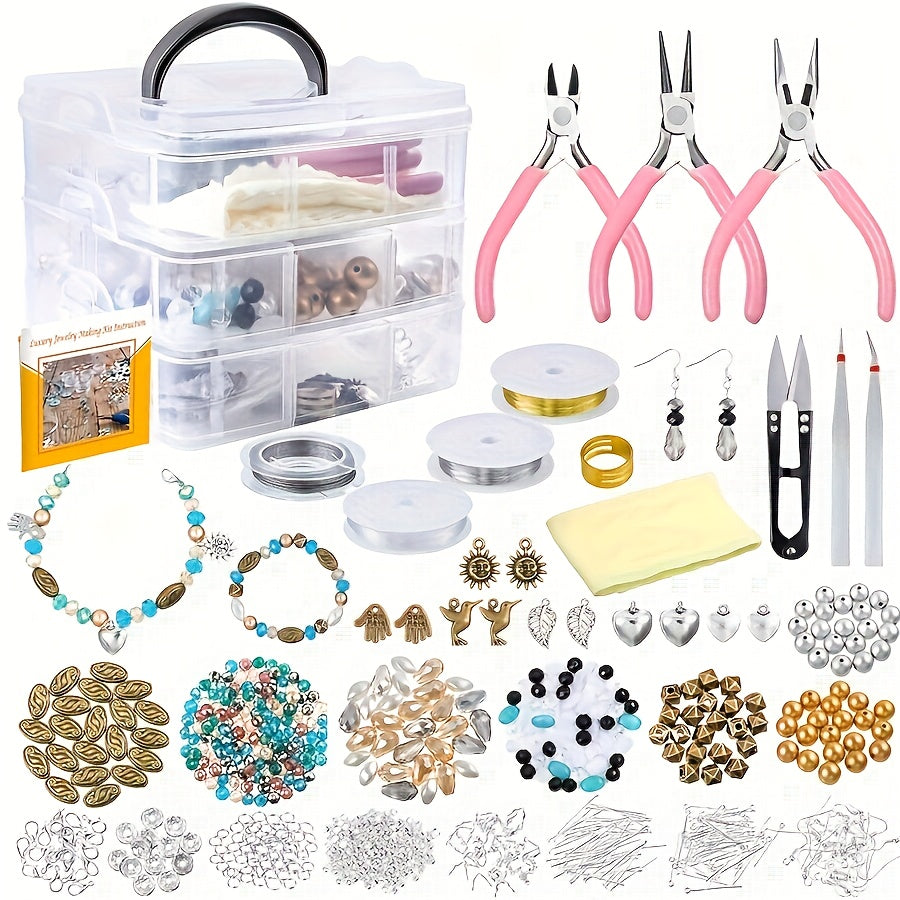 Kit de fabrication de bijoux DIY, 4655 perles pour bracelets, colliers et boucles d'oreilles avec boîte de rangement à 3 niveaux, breloques lettres et outils, cadeau pour filles et femmes