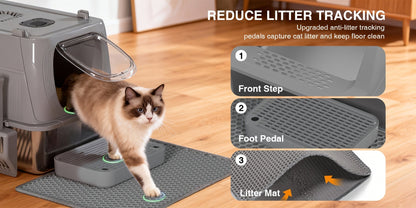 Bac à litière pour chat surdimensionné en acier inoxydable avec couvercle, toilette intérieure pliable anti-éclaboussures avec porte à rabat avant et contrôle supérieur des odeurs