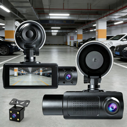 Dashcam 3 canaux avec vision nocturne infrarouge et application smartphone – Caméra avant, arrière et intérieure avec enregistrement en boucle, objectif grand angle, carte mémoire 64 Go/512 Go en option pour voitures, camions et covoiturage
