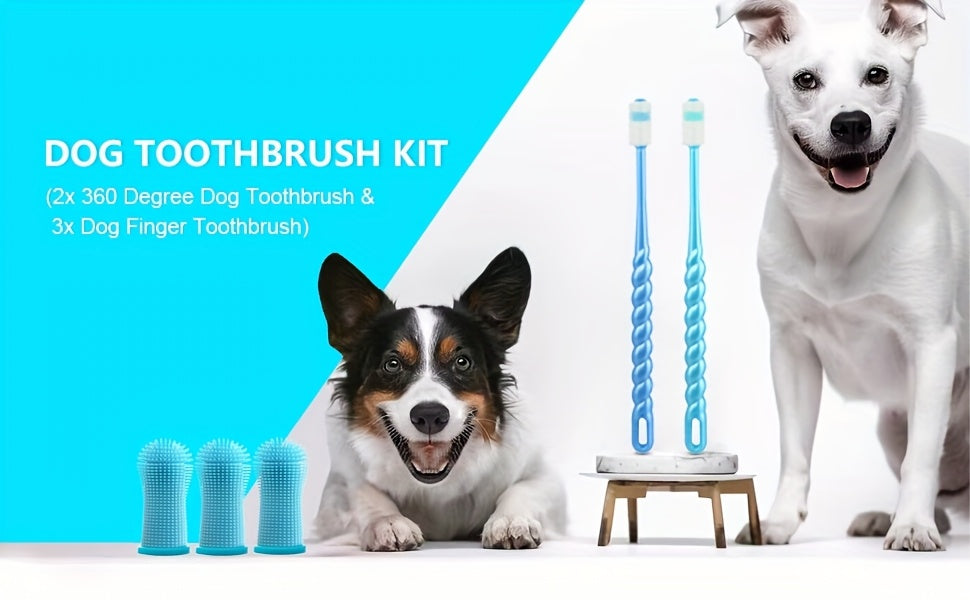 Kit de soins dentaires pour animaux de 3 pièces : brosse à dents en silicone à 360°, brosse à doigt et brosse à micro-filaments pour chiens et chats, souple et douce, aucune pile requise