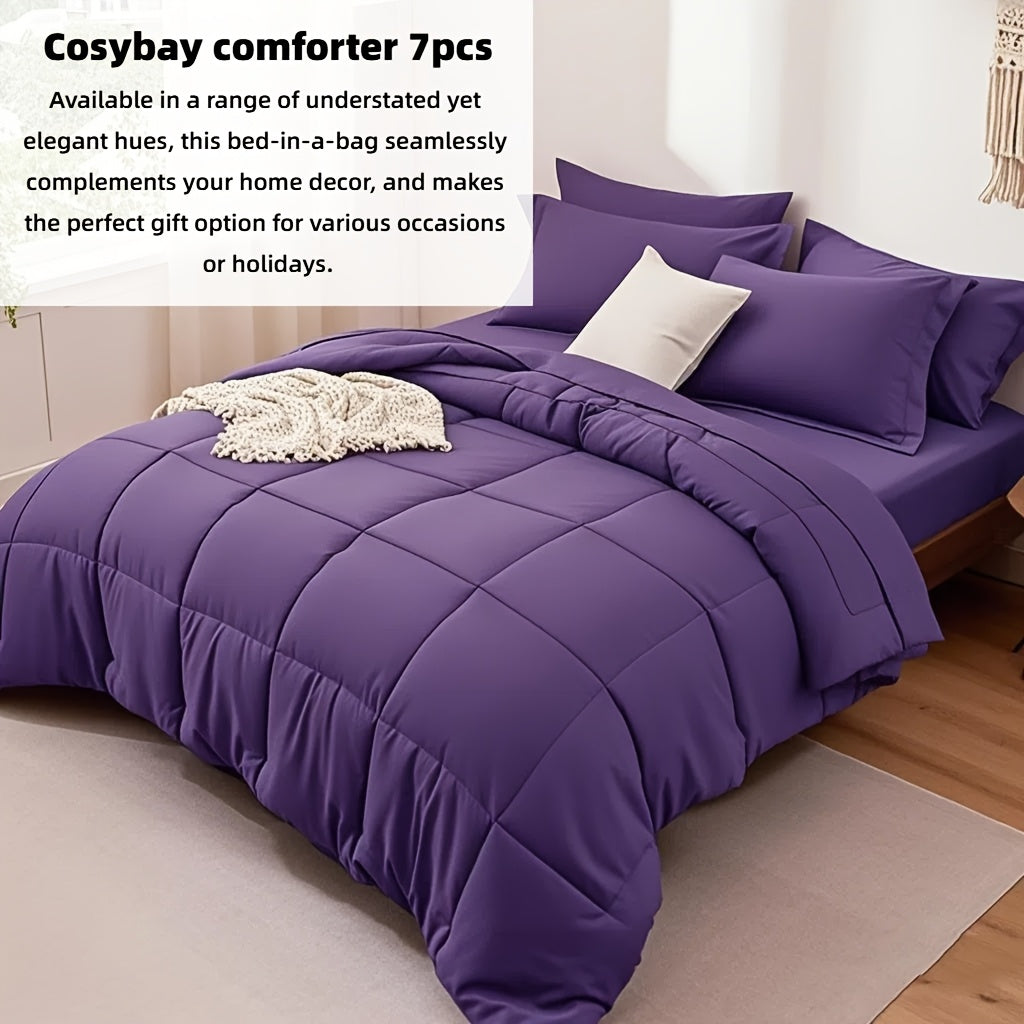 Ensemble de literie 7 pièces pour lit Queen/King – Parure de lit en microfibre douce à plis pincés, comprenant une couette, un drap-housse, un drap plat et 4 taies d'oreiller, ensemble de literie toutes saisons pour la maison et le dortoir