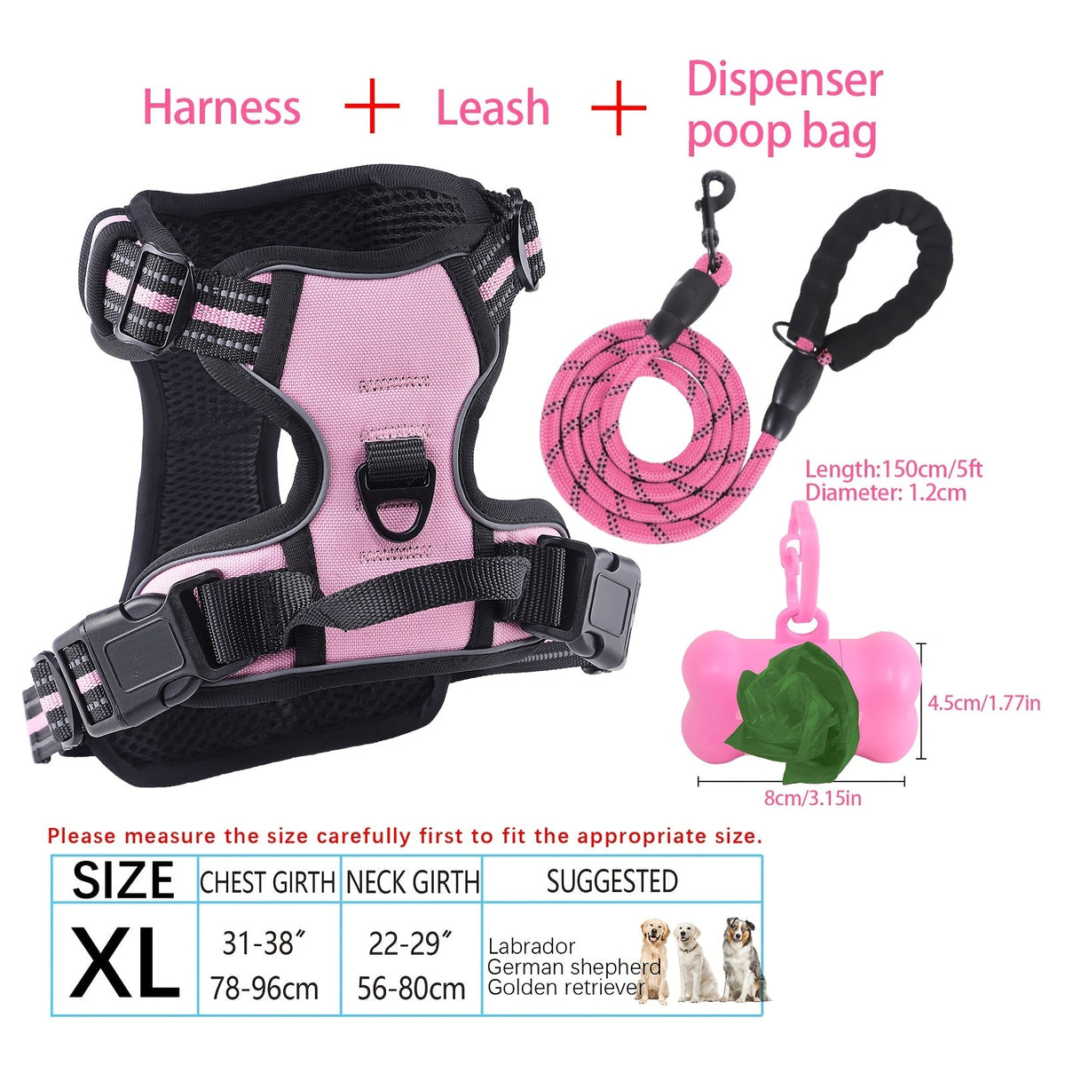 Ensemble harnais et laisse pour chien 4 pièces, gilet réfléchissant en Oxford anti-traction et anti-étranglement avec laisse, distributeur de sacs à déjections et poignée de contrôle facile, pour chiens moyens et grands, dressage et promenade en extérieur