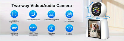 Caméra intérieure WiFi PTZ avec écran intégré de 3 pouces, appel vidéo HD 3MP, audio bidirectionnel, vision nocturne couleur, détection par IA, moniteur pour animaux, bébé et personnes âgées, caméra de sécurité domestique avec contrôle par application