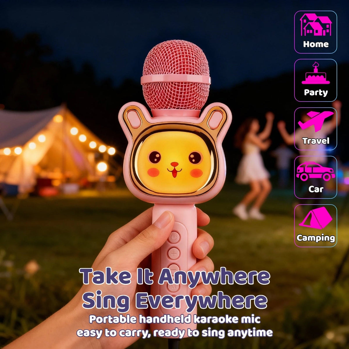 Microphone karaoké sans fil 5-en-1 avec haut-parleur intégré, lumières LED et changeur de voix – Micro de chant Bluetooth portable pour fêtes, réunions de famille, voyages et activités en plein air, 10 couleurs