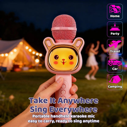 Microphone karaoké sans fil 5-en-1 avec haut-parleur intégré, lumières LED et changeur de voix – Micro de chant Bluetooth portable pour fêtes, réunions de famille, voyages et activités en plein air, 10 couleurs