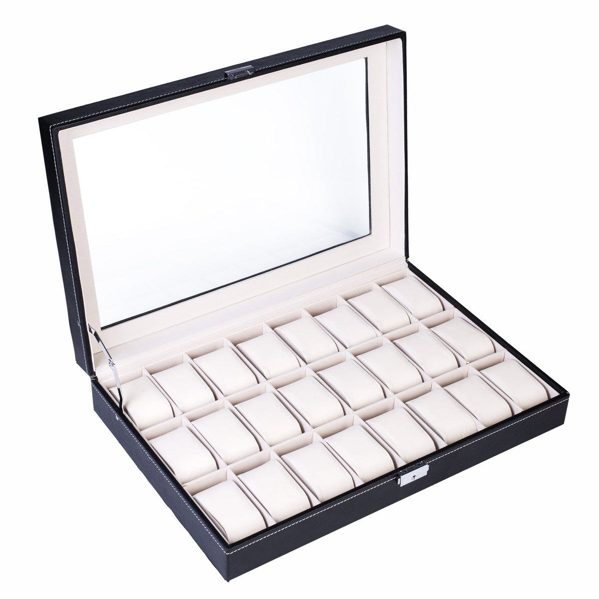 Boîte de rangement pour 24 montres en cuir – Présentoir grande capacité avec couvercle à ouverture par le haut, coffret verrouillable pour hommes et femmes, élégant écrin de collection en cuir PU noir