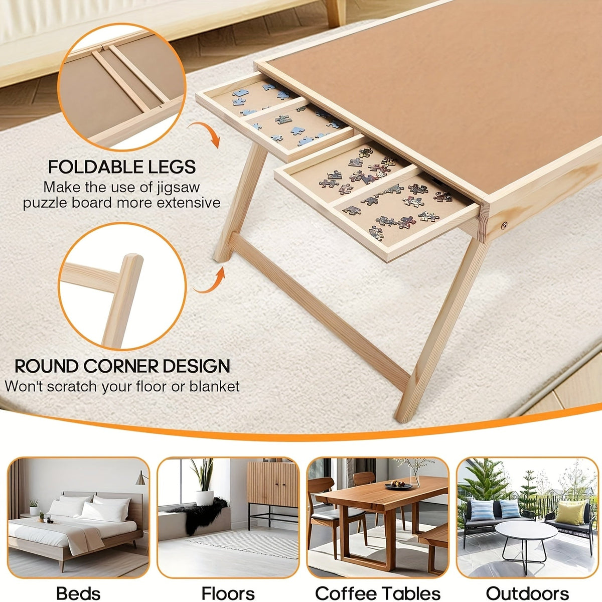 Table à puzzle en bois avec pieds pliables – 4 tiroirs et 16 grilles de tri pour puzzles de 1000 pièces | Plateau de puzzle portable pour rangement et organisation, fournitures scolaires et de maison