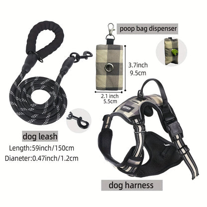 Ensemble laisse, harnais et distributeur de sacs à déjections pour chien – Harnais gilet réglable, respirant et anti-fugue pour chiens de taille moyenne à grande avec bandes réfléchissantes – Kit de promenade anti-traction rembourré avec porte-sac intégré