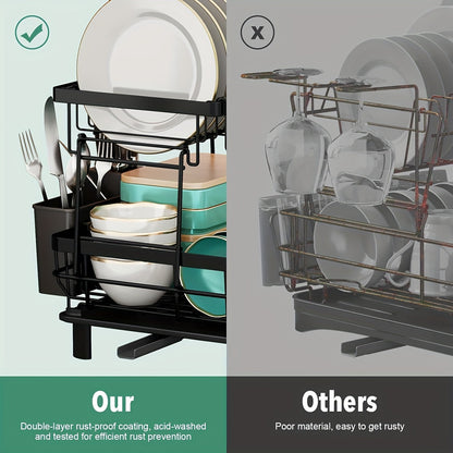 Égouttoir à vaisselle à 2 niveaux avec plateau d'égouttage et porte-ustensiles amovible – Égouttoir grande capacité pour comptoir de cuisine, égouttoir pour vaisselle, ustensiles de cuisine et couverts – Design peu encombrant
