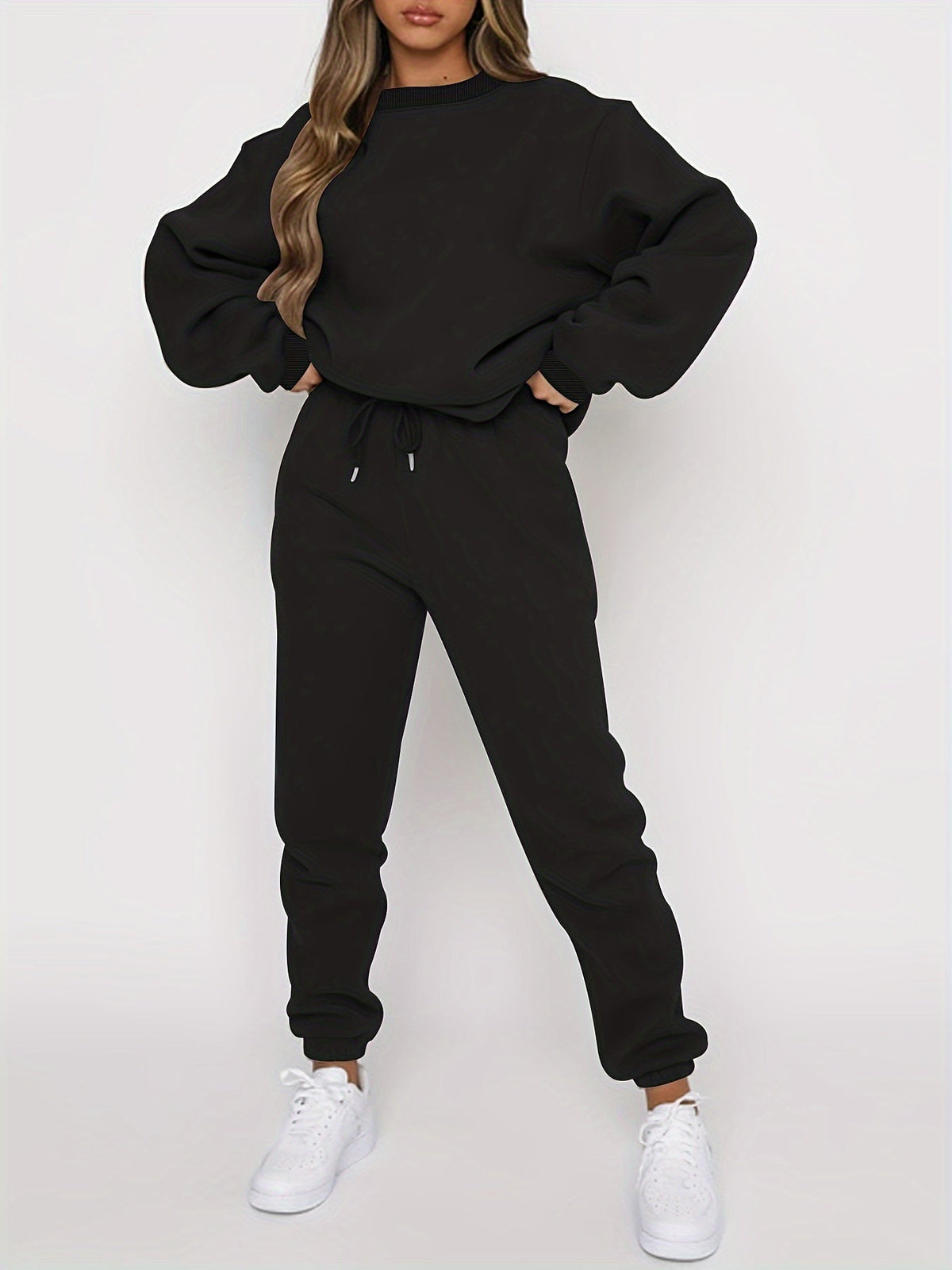 Ensemble deux pièces pour femme : sweat-shirt à col rond et pantalon de jogging décontracté avec taille élastique à cordon de serrage, beige, gris, noir, bleu marine, café, S-XXL