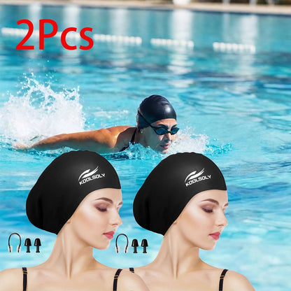 Lot de 2 bonnets de bain en silicone avec protection auditive pour cheveux longs – Inclut bouchons d'oreilles et pince-nez, ensemble de bonnet de bain étanche, 11 options de couleurs pour femmes, hommes et adultes