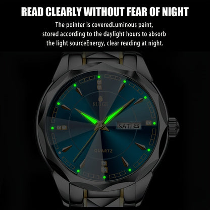 Montre à quartz pour homme RUIGE – Veilleuse, double calendrier, cadran à facettes façon diamant, boîtier en acier inoxydable, bracelet en alliage, montre-bracelet business décontracté, cadeau idéal pour la fête des pères