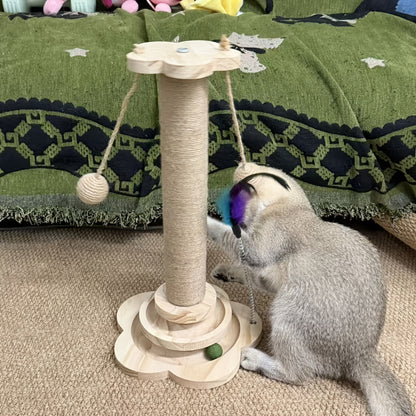 Arbre à chat multi-niveaux en sisal de qualité supérieure avec 6 balles jouets en bois, 2 balles suspendues et 2 plumeaux, base antidérapante, arbre à chat interactif pour chats d'intérieur et chatons