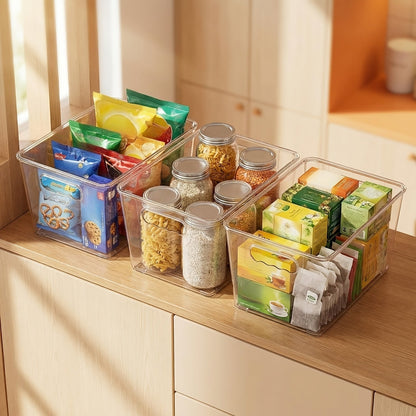 Lot de 6 bacs de rangement transparents empilables avec couvercles et poignées – Récipients organisateurs de garde-manger en plastique moyen pour cuisine, réfrigérateur, placard, armoire et salle de bain | 25,4 x 15,2 x 12,7 cm chacun