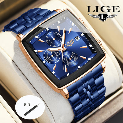 Montre à quartz analogique carrée pour homme LIGE – Bracelet en acier inoxydable, affichage du calendrier, montre-bracelet style sport preppy pour hommes et adolescents, 8 options de couleur, cadeau d'anniversaire ou de remise de diplôme bleu noir doré