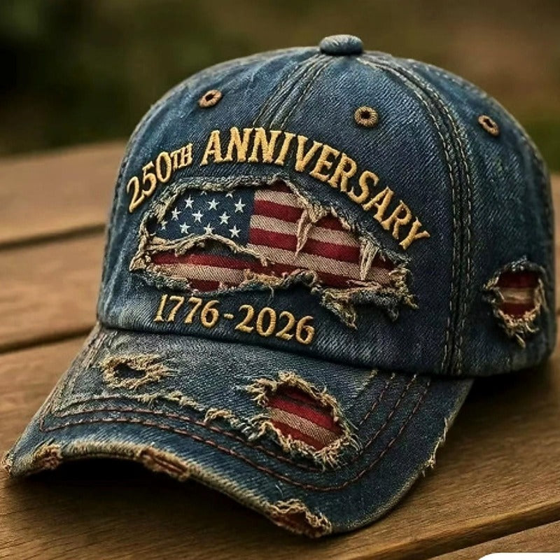 Ensemble casquette de baseball en jean vieilli brodé patriotique et bracelet – Cadeau du 250e anniversaire de l'indépendance des États-Unis, thème drapeau américain, casquette unisexe réglable pour les célébrations du 4 juillet