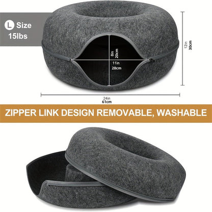 Lit tunnel pour chat, cachette d'intérieur - Tunnel pour chat en forme de beignet, pliable et utilisable en toute saison, avec ouverture pour chats d'intérieur, peluche douce, gris foncé et gris clair, disponible en 50 et 60 cm, cadeau idéal pour chat