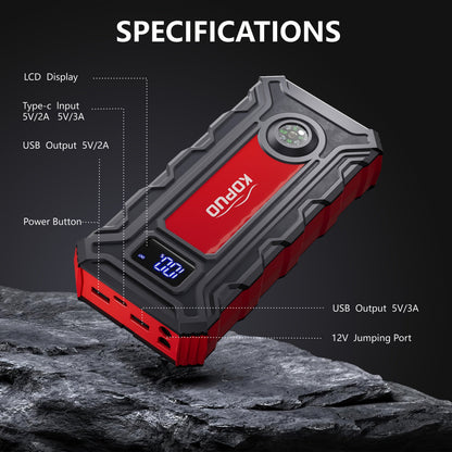 Démarreur de voiture portable 5000A/6000A – Booster de batterie 12V pour véhicules essence et diesel, batterie externe à charge rapide 65W, lampe de poche LED et écran LCD, bloc de démarrage d'urgence compact
