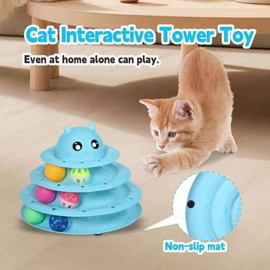 3-Tier Turntable Cat Toy with 6 Colorful Balls – Interactive Mental & Physical Stimulation Toy for Kittens & Cats, Anti-Slip Base, No Battery Needed, Red Green Pink Blue