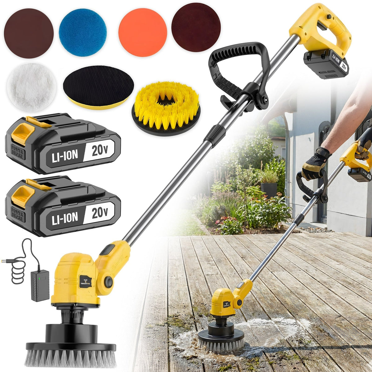Nettoyeur de sol électrique rotatif sans fil avec manche télescopique - 2 têtes de brosse, 4 patins de lavage, balai rotatif sans fil pour sols de cuisine, salle de bain, balcon et salon
